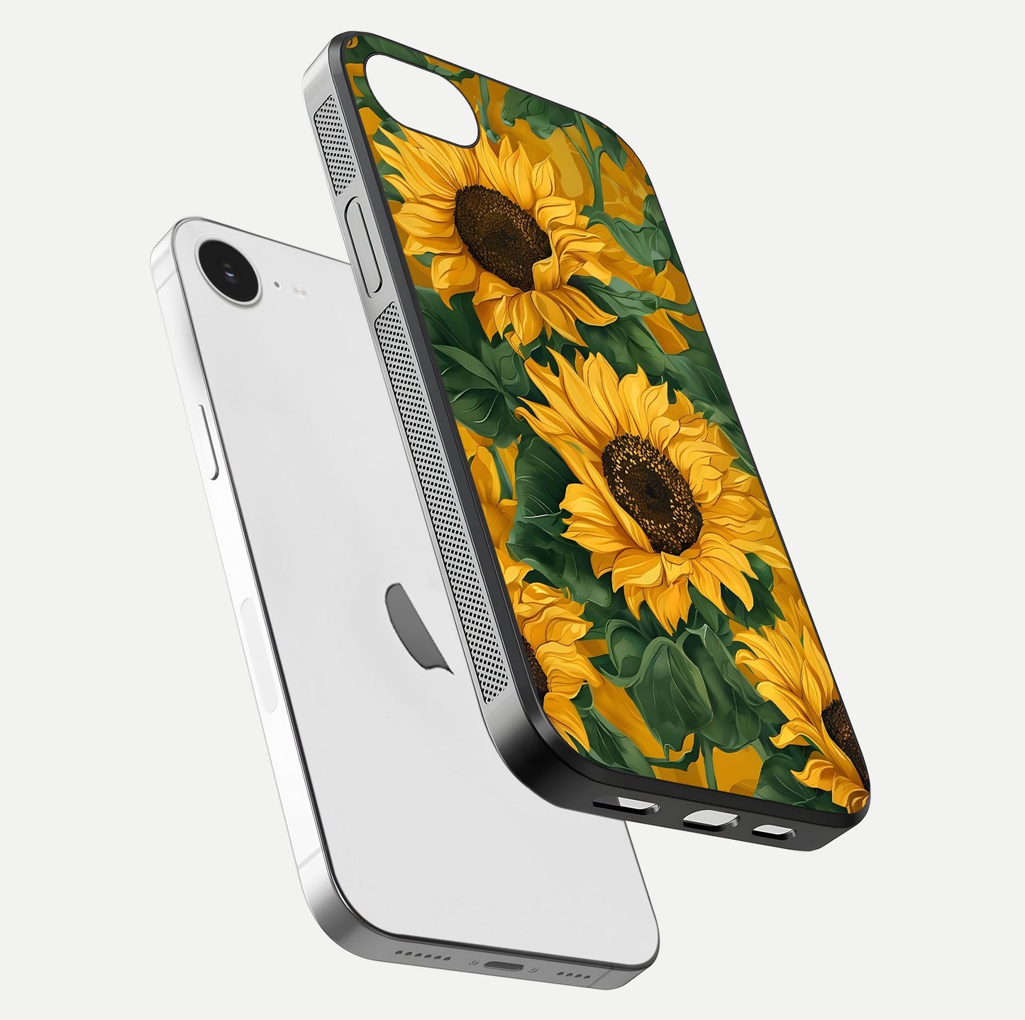 Bright Sunflower Bloom Glass Case for iPhone 16e floating mockup capturing vibrant tones and gloss surface