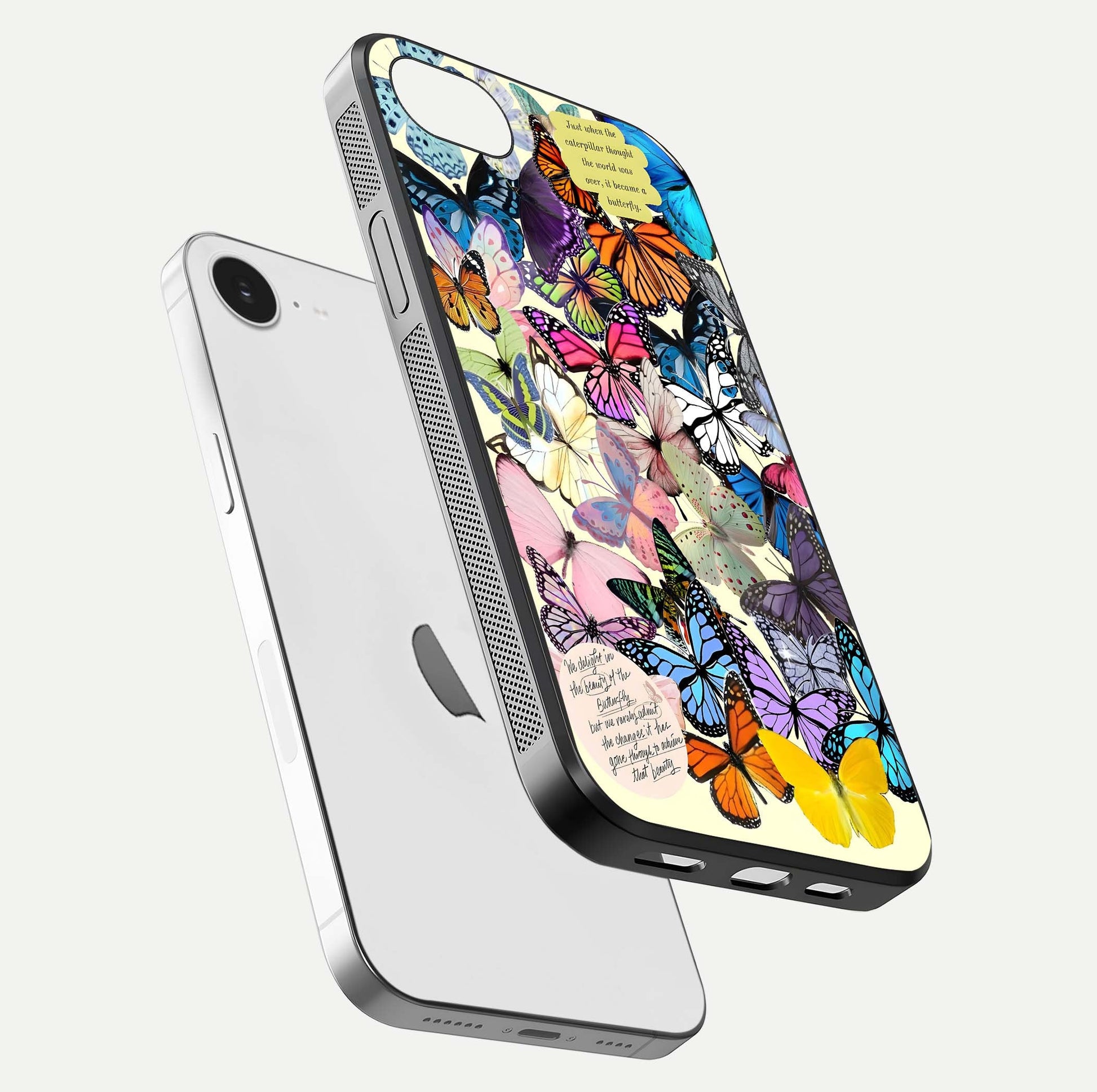 Butterflies Petal Dream Glass Case for iPhone 16e floating mockup displaying detailed print and premium glass glow