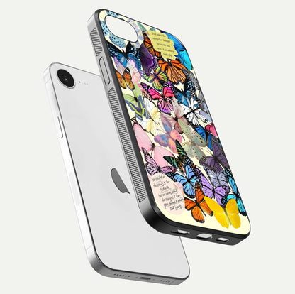 Butterflies Petal Dream Glass Case for iPhone 16e floating mockup displaying detailed print and premium glass glow