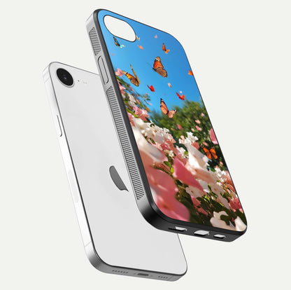 Butterflies in Bloom Sky Glass Case for iPhone 16e floating mockup capturing butterfly motion and edge design