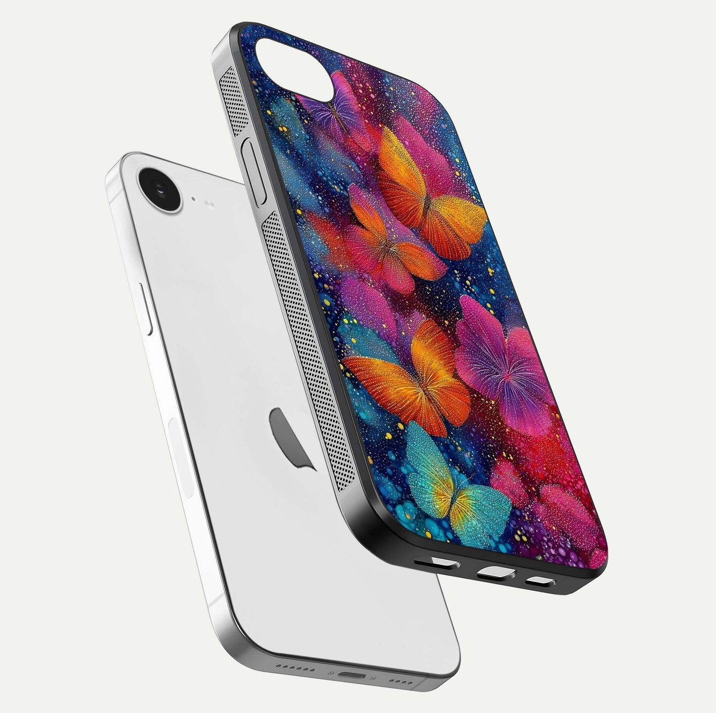 Butterfly Dream Mist Glass Case for iPhone 16e floating mockup displaying glass shine and ethereal art depth