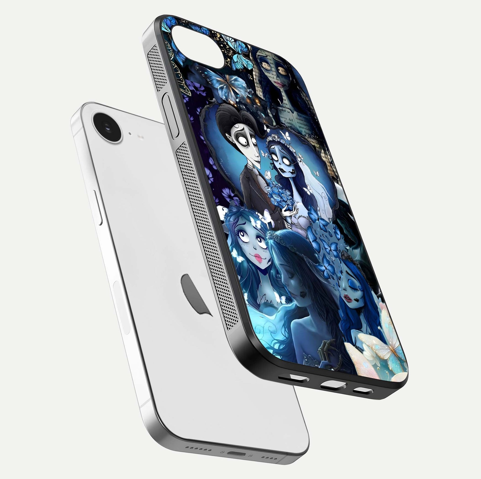 Butterfly Ghost Soul Glass Case for iPhone 16e floating mockup showcasing spirit-like butterfly detail and gloss