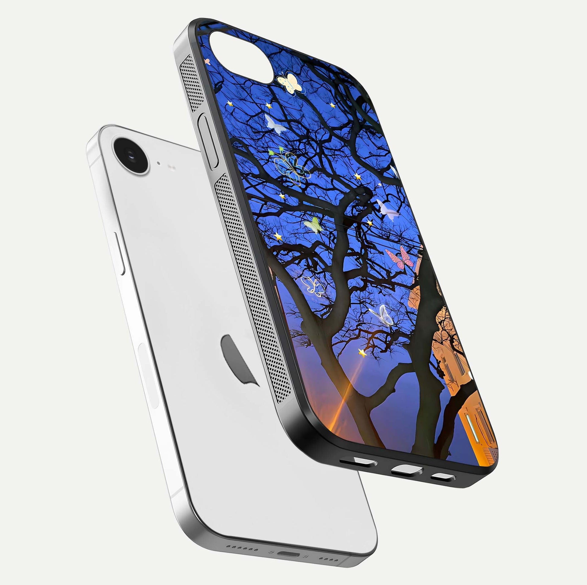 Butterfly Night Magic Glass Case for iPhone 16e floating mockup showing night glow and smooth polish