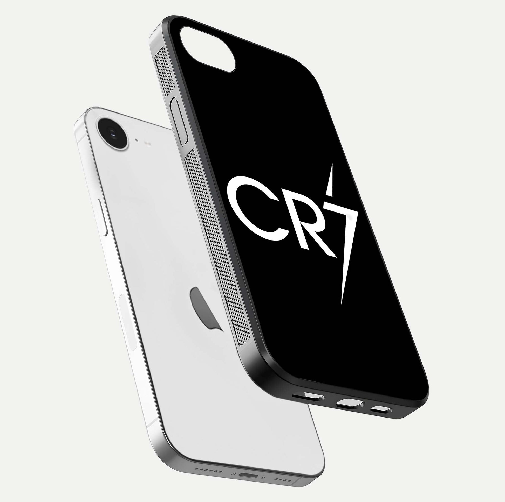 CR7 Elite Strike Glass Case for iPhone 16e floating mockup displaying HD gloss and sporty texture