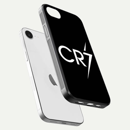 CR7 Elite Strike Glass Case for iPhone 16e floating mockup displaying HD gloss and sporty texture