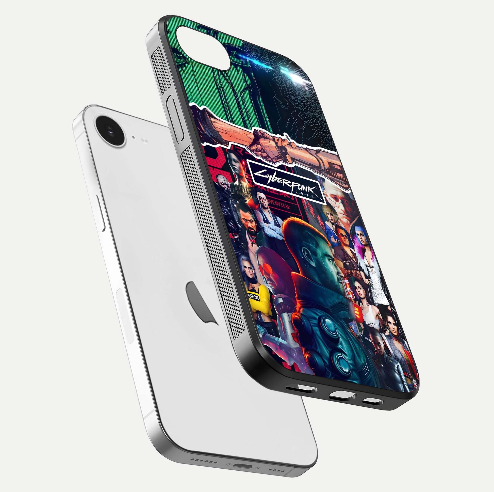 CYBERPUNK Legacy Glass Case for iPhone 16e floating mockup showing HD gloss and neon glow detail