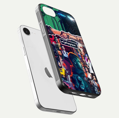 CYBERPUNK Legacy Glass Case for iPhone 16e floating mockup showing HD gloss and neon glow detail