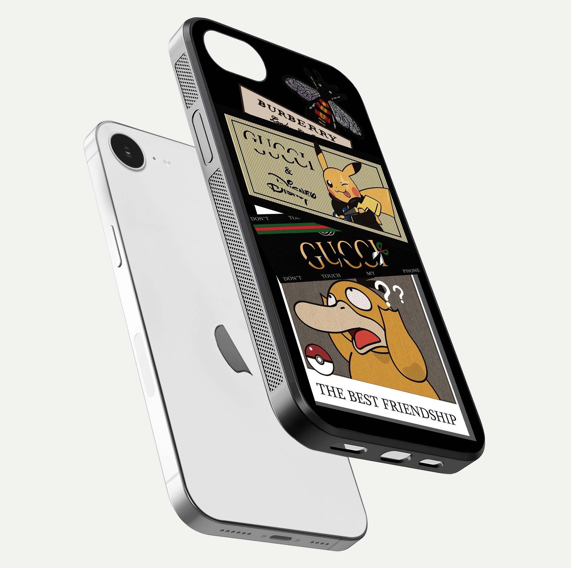 Cartoon Brand Play Mashup Glass Case for iPhone 16e floating dual-view mockup showing gloss surface and vivid reflection