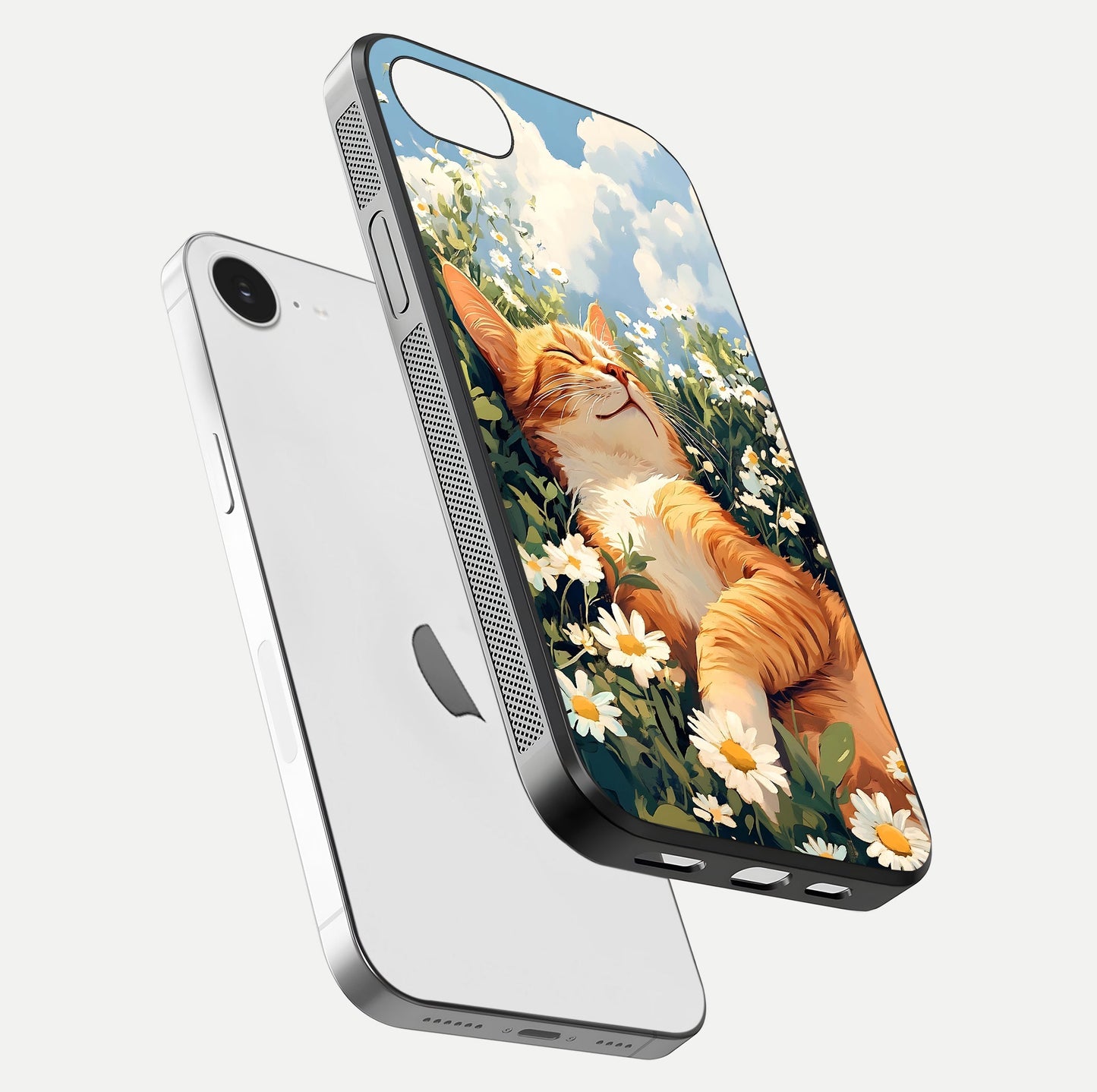 Cat & Flowers View Glass Case for iPhone 16e floating mockup showing design reflection and protective edges