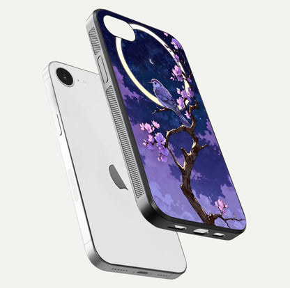 Celestial Bird Blossom Glass Case for iPhone 16e floating mockup showing cosmic floral tones and HD gloss