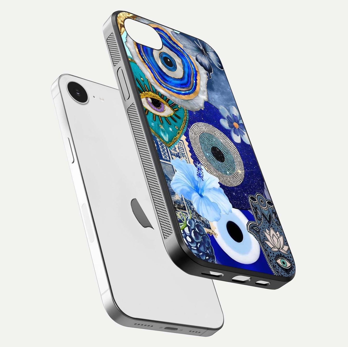 Celestial Blue Vision Glass Case for iPhone 16e floating mockup showing gloss depth and night-sky pattern