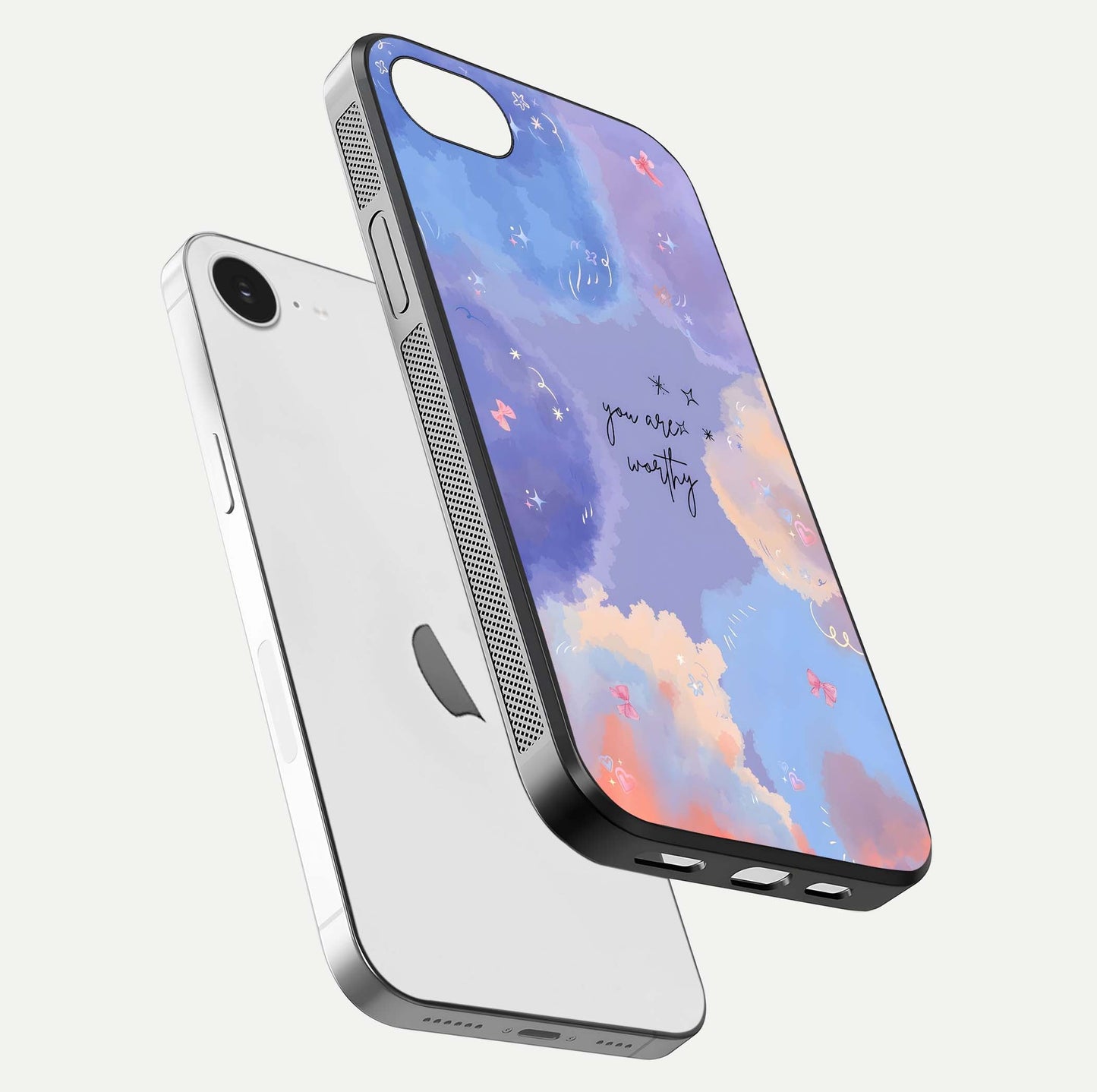 Celestial Cloud Magic Glass Case for iPhone 16e floating mockup displaying cloud aura and HD finish