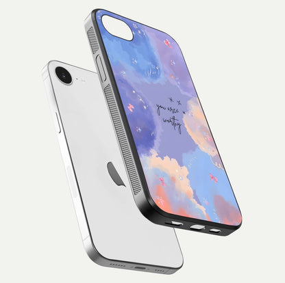 Celestial Cloud Magic Glass Case for iPhone 16e floating mockup displaying cloud aura and HD finish