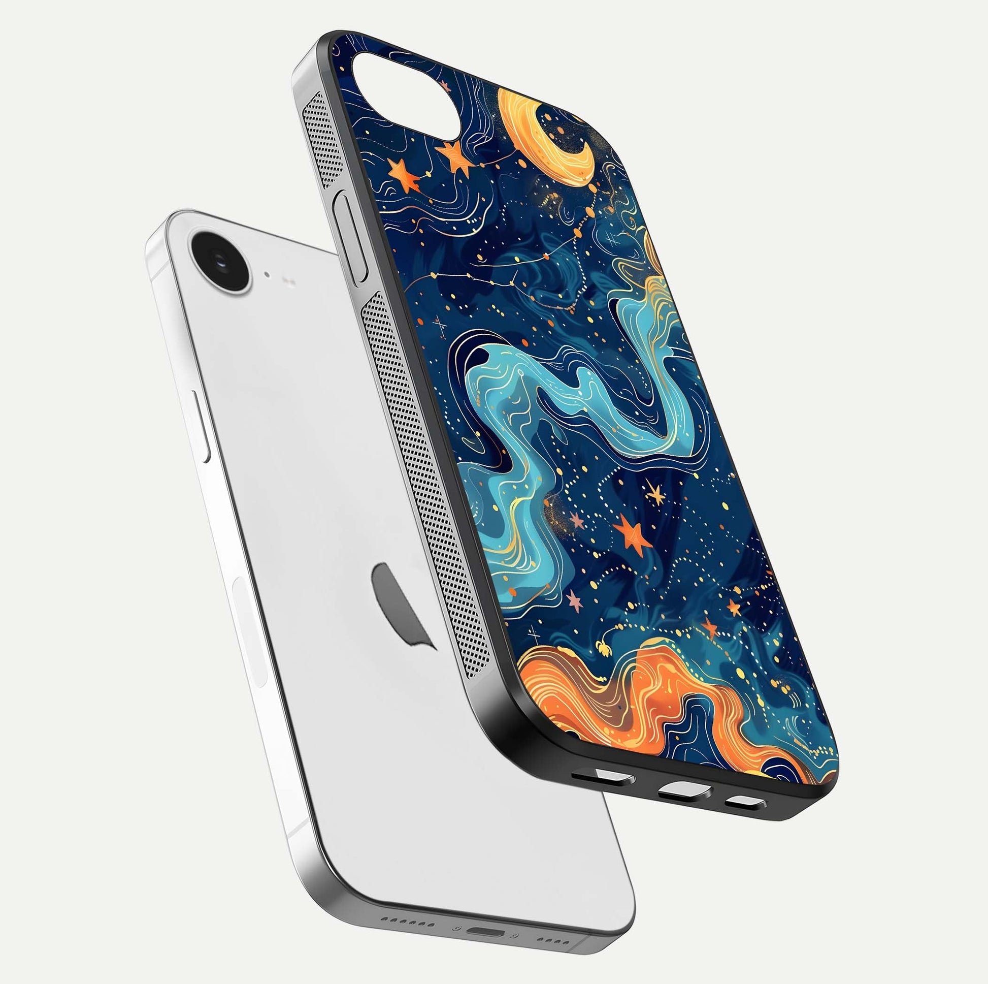 Celestial Dream Flow Glass Case for iPhone 16e floating mockup displaying gloss shimmer and artistic composition