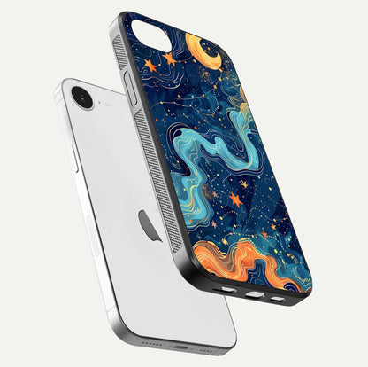 Celestial Dream Flow Glass Case for iPhone 16e floating mockup displaying gloss shimmer and artistic composition