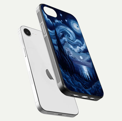 Celestial Dream Van Gogh Glass Case for iPhone 16e floating mockup highlighting cosmic tones and smooth gloss