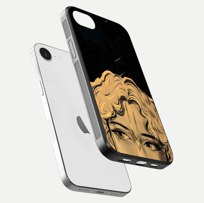 Celestial God’s Plan Glass Case for iPhone 16e floating dual-view mockup displaying gloss surface and vivid print