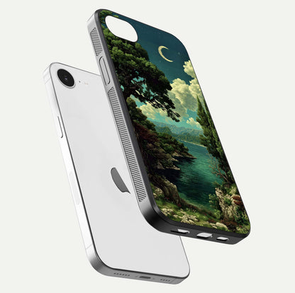Celestial Lake Peace Glass Case for iPhone 16e floating mockup capturing calm tones and smooth polish