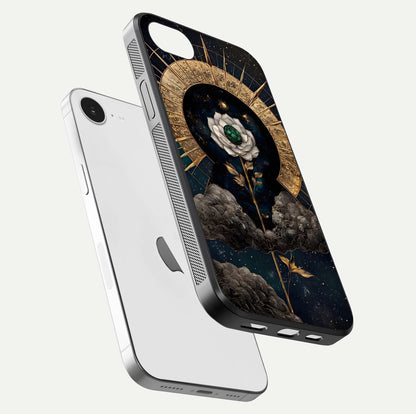 Celestial Lotus Morang Glass Case for iPhone 16e floating mockup showing gloss depth and cosmic lotus glow