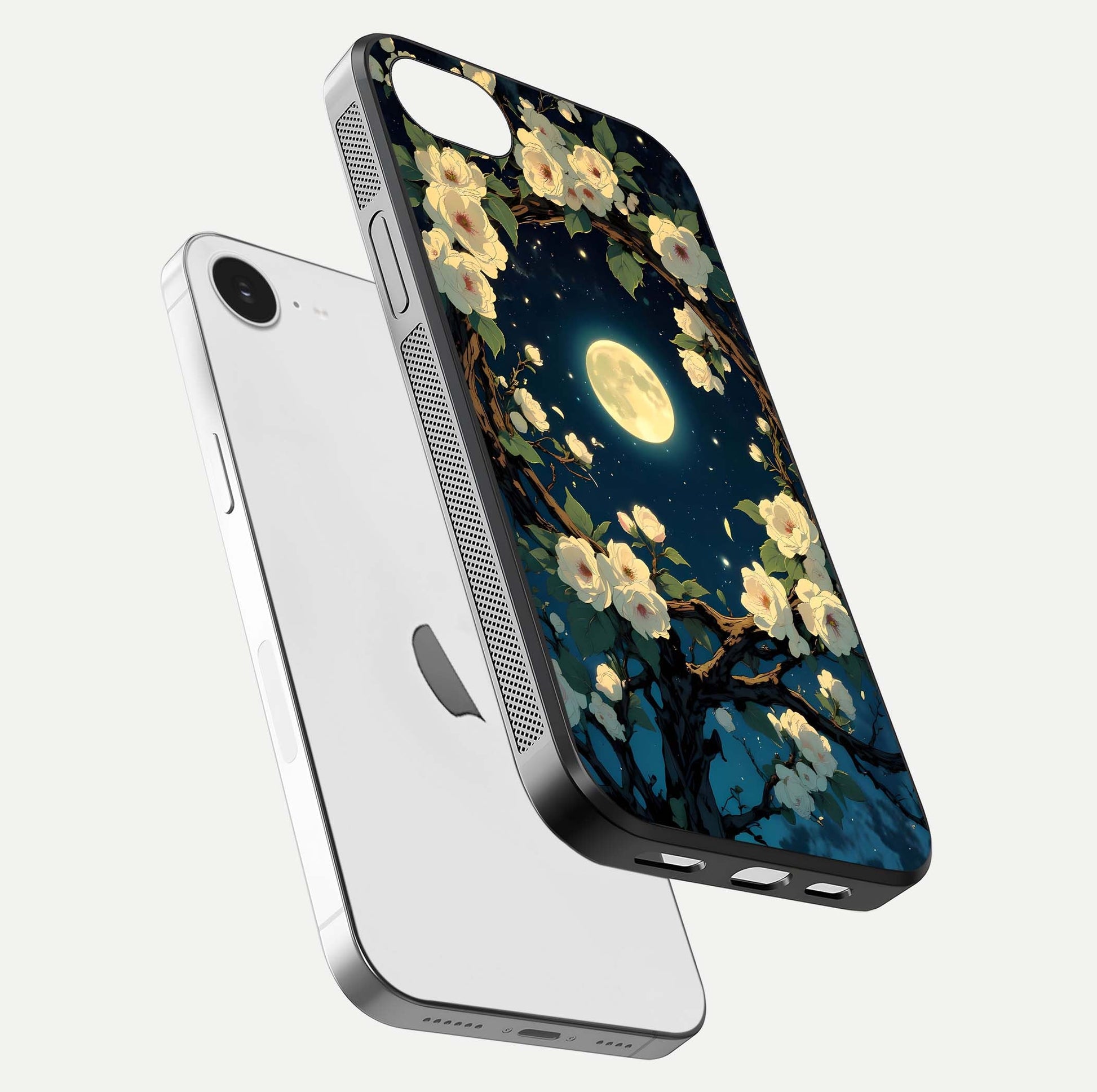 Celestial Moon & Flower Glass Case for iPhone 16e floating mockup emphasizing HD shine and delicate texture