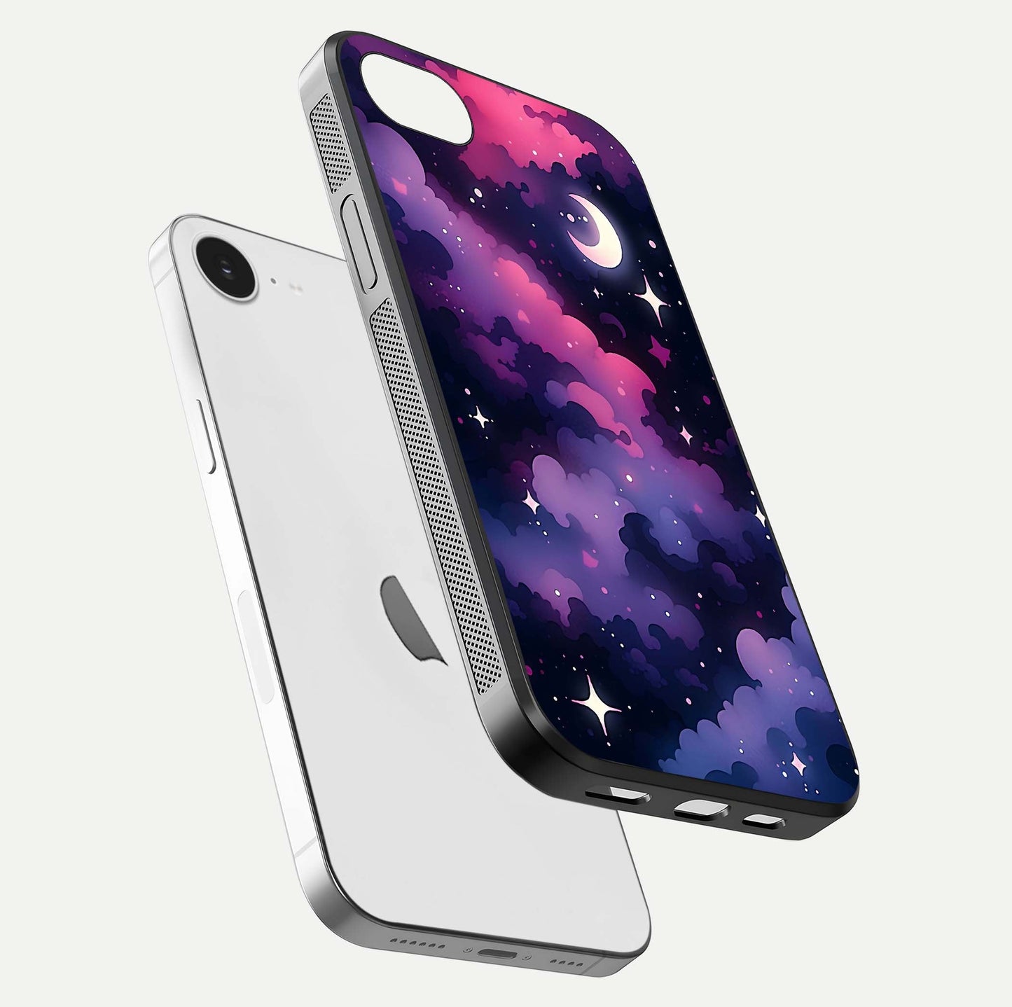 Celestial Moon Magic Glass Case for iPhone 16e floating mockup showing reflection gradient and smooth polish