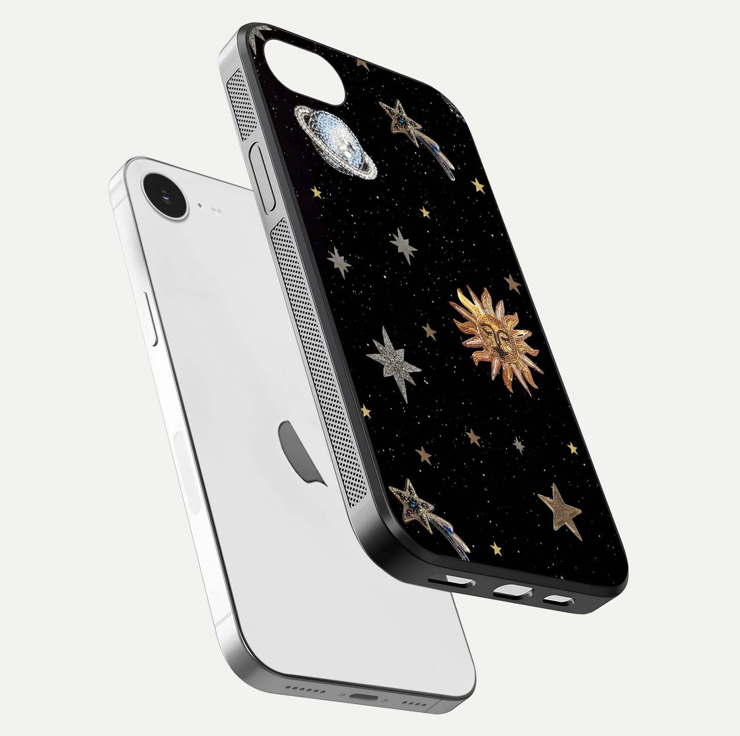 Celestial Moon With Stars Glass Case for iPhone 16e floating mockup emphasizing star depth and gloss clarity
