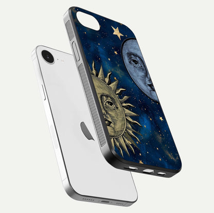 Celestial Moon With Sun Glass Case for iPhone 16e floating mockup displaying vibrant contrast and HD gloss