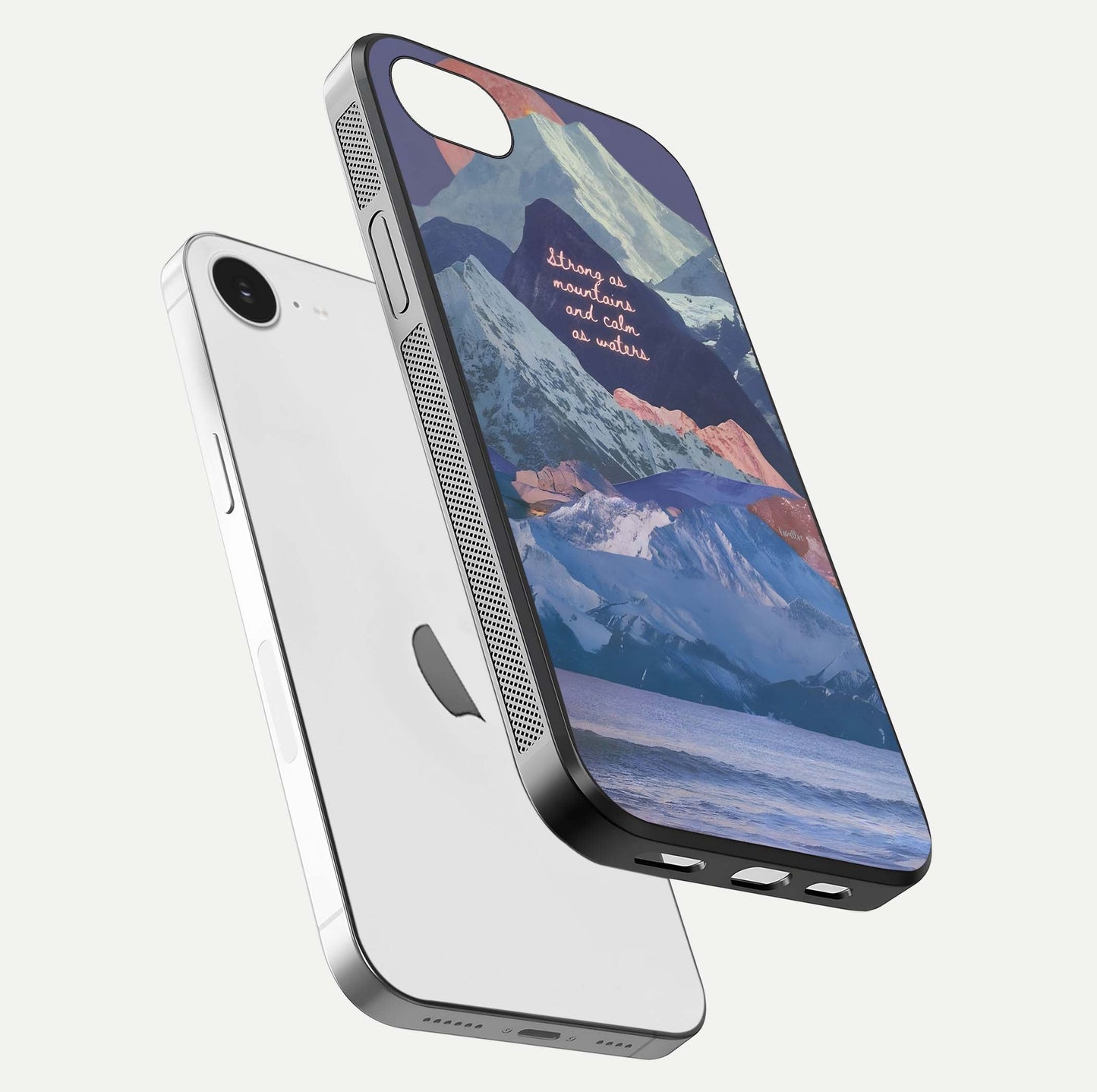 Celestial Mountain Calm Glass Case for iPhone 16e floating mockup showing glow depth and polished edges