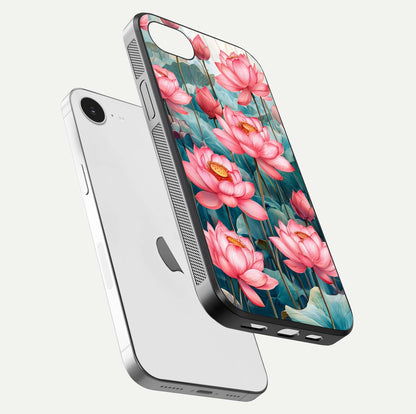 Celestial Pink Lotus Glass Case for iPhone 16e floating mockup displaying cosmic tone and gloss surface