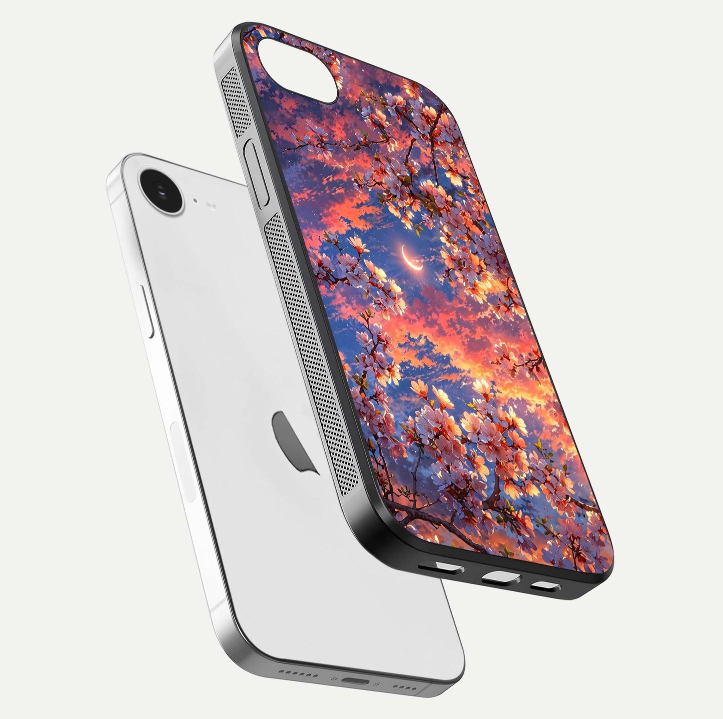 Celestial Sakura Sunset Glass Case for iPhone 16e floating mockup capturing sunset hue and smooth gloss