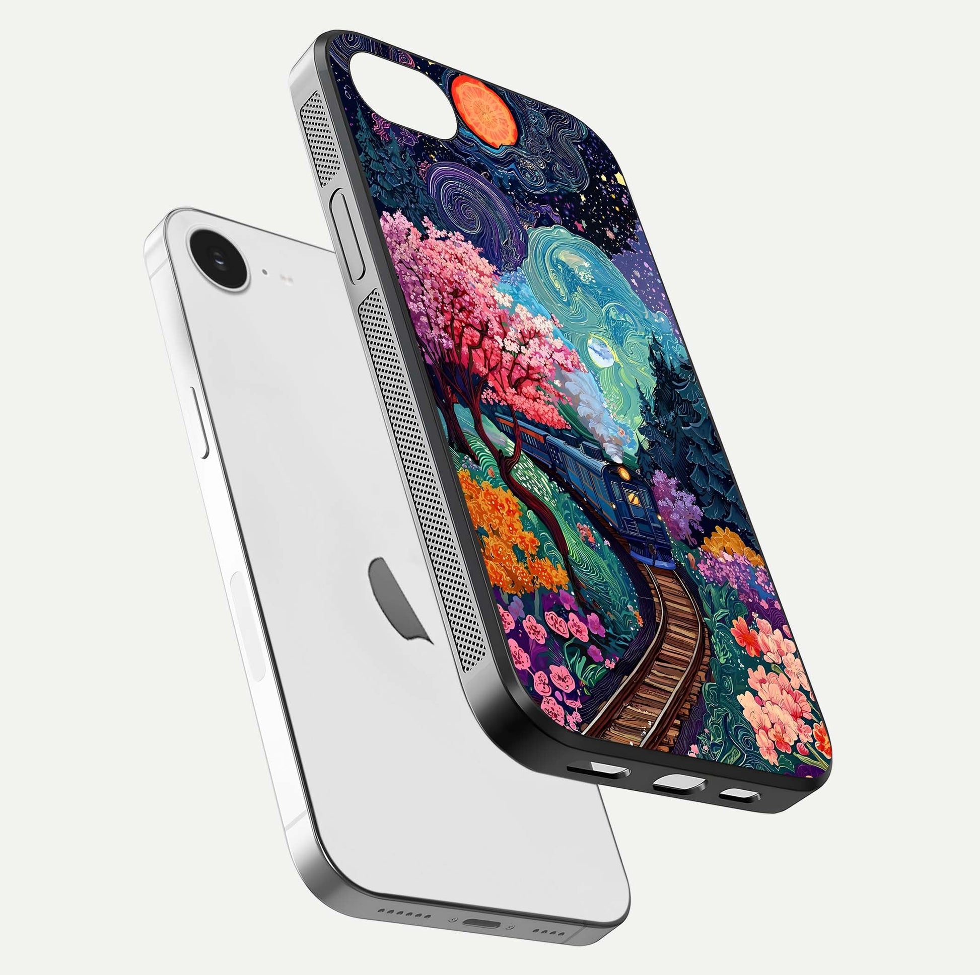 Celestial Train Journey Glass Case for iPhone 16e floating mockup capturing gloss reflection and deep night hues