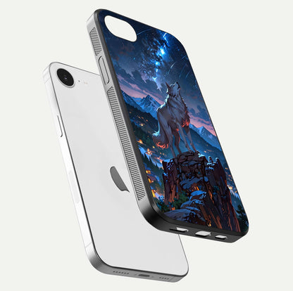 Celestial Wolf Howl Glass Case for iPhone 16e floating mockup capturing reflection depth and silver gloss