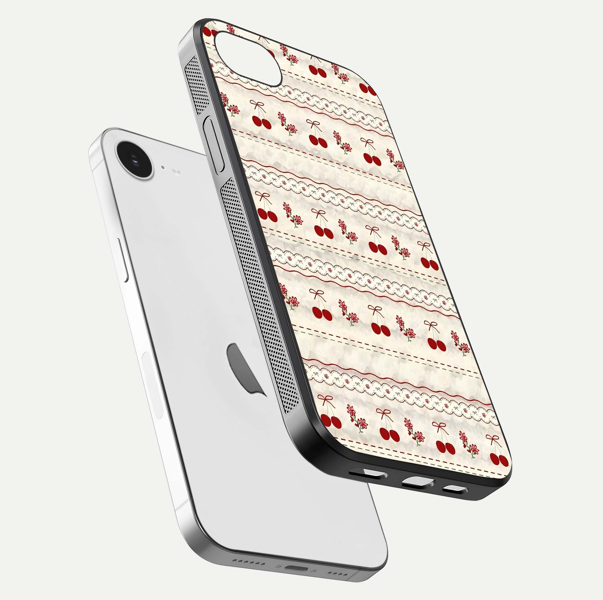 Cherry Bloom Charm Glass Case for iPhone 16e floating mockup showing bloom texture and polished gloss
