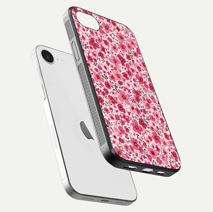 Cherry Blossom Charm Glass Case for iPhone 16e floating mockup displaying pink tone flow and polished edges