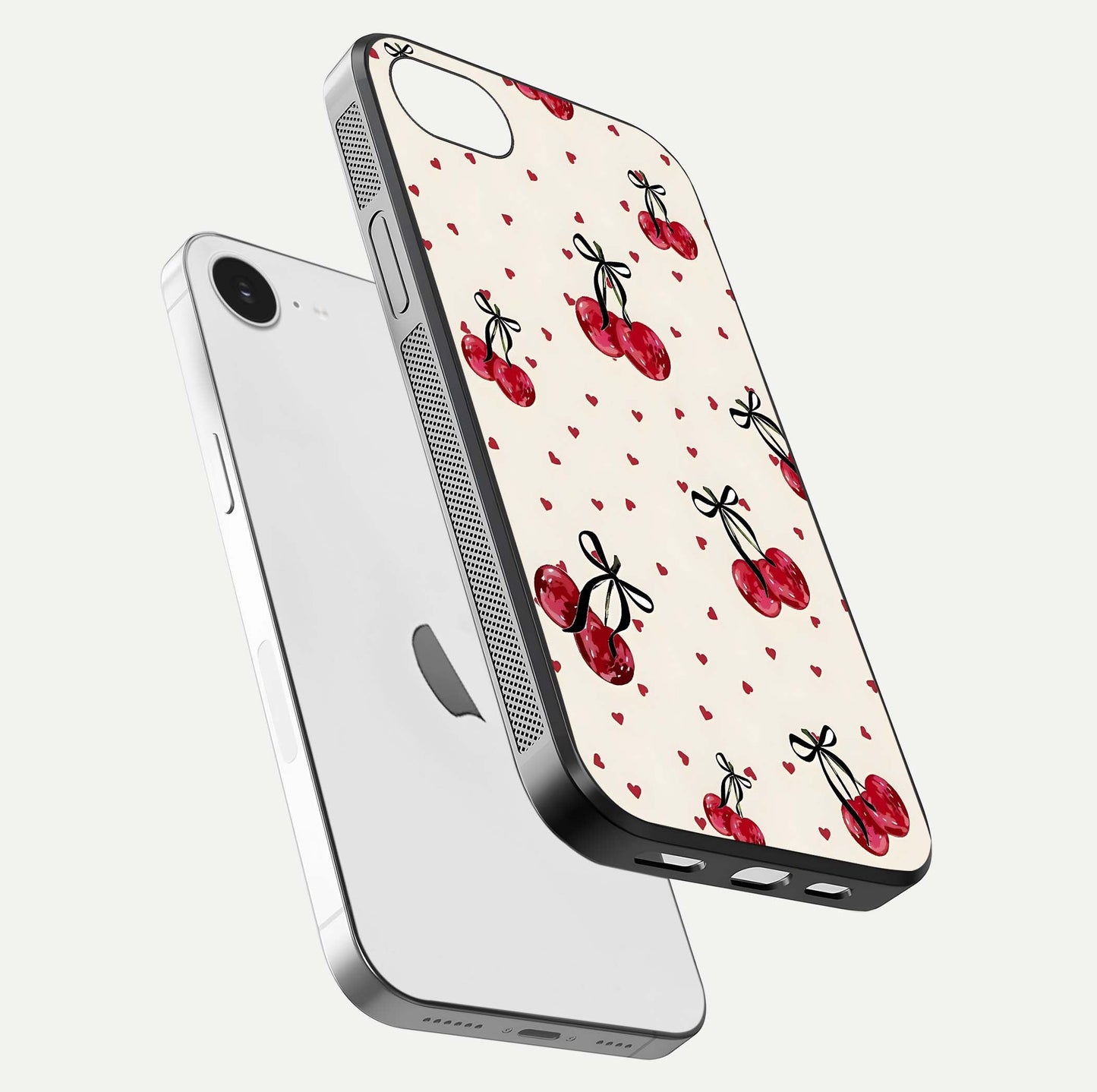 Cherry Heart Bow Glass Case for iPhone 16e floating mockup showing reflection and HD print detail