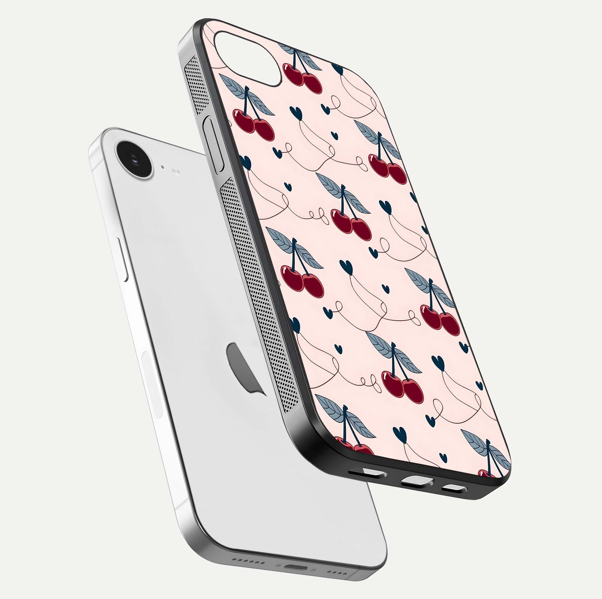 Cherry Heart Line Glass Case for iPhone 16e floating mockup showing gloss polish and bright tones