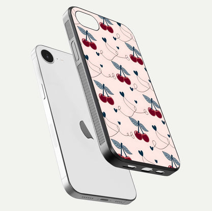Cherry Heart Line Glass Case for iPhone 16e floating mockup showing gloss polish and bright tones