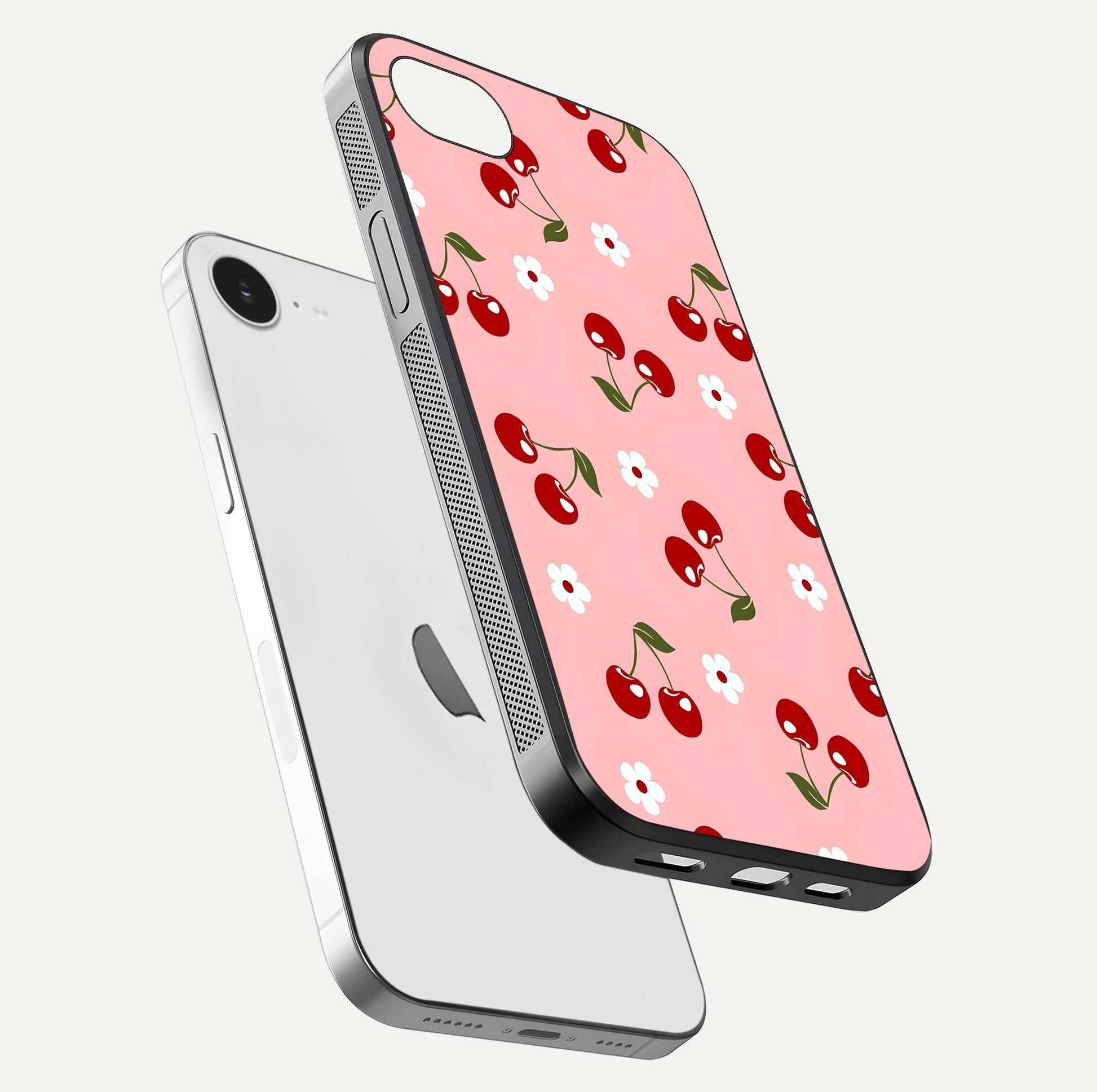 Cherry Love Mood Glass Case for iPhone 16e floating mockup showing HD gloss reflection and red tones