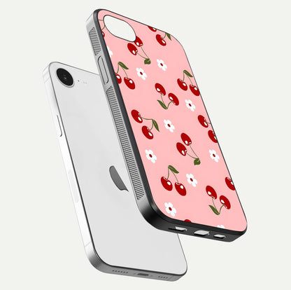 Cherry Love Mood Glass Case for iPhone 16e floating mockup showing HD gloss reflection and red tones