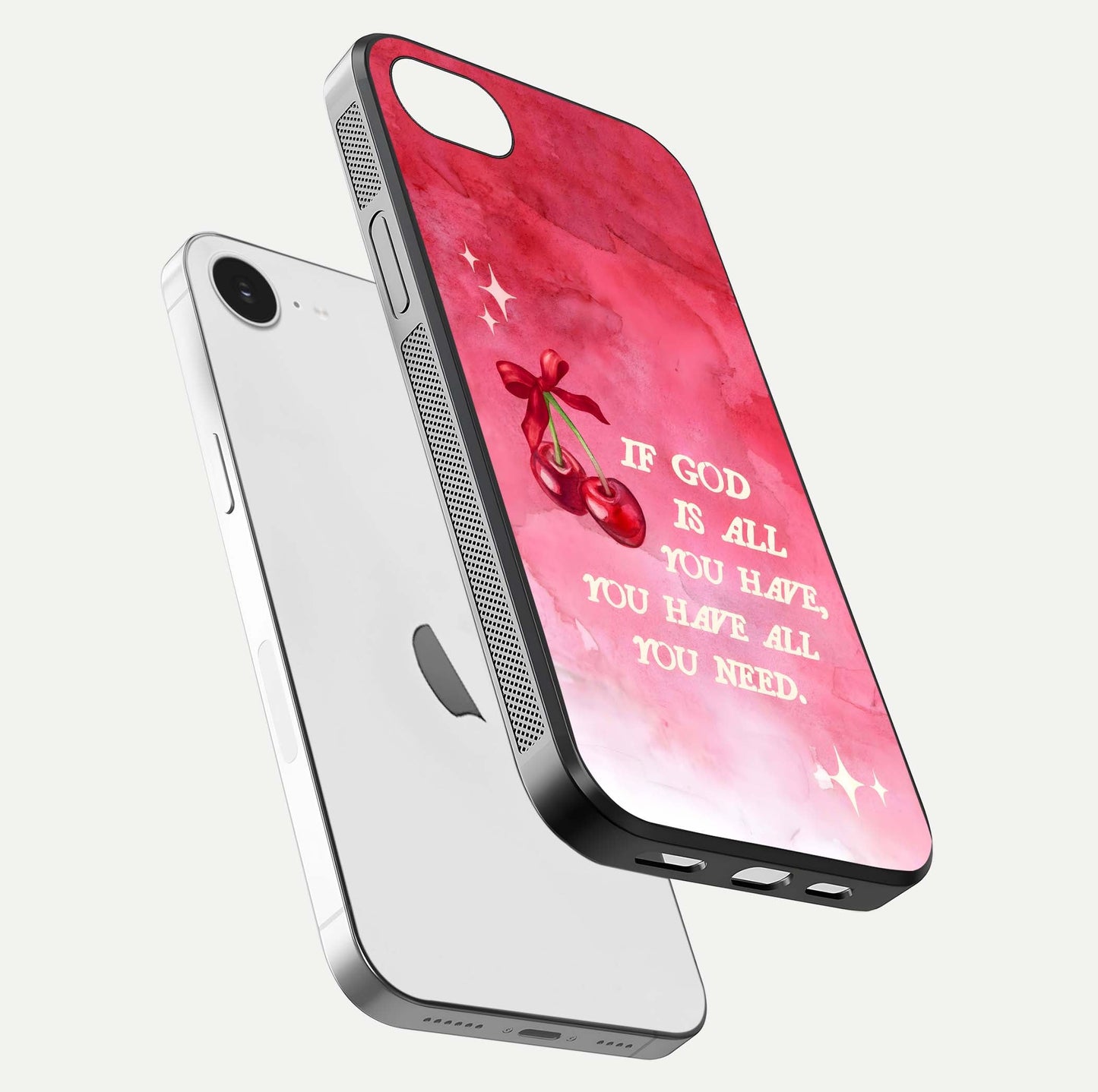 Cherry Quote Glass Case for iPhone 16e floating mockup capturing shine texture and clear typography