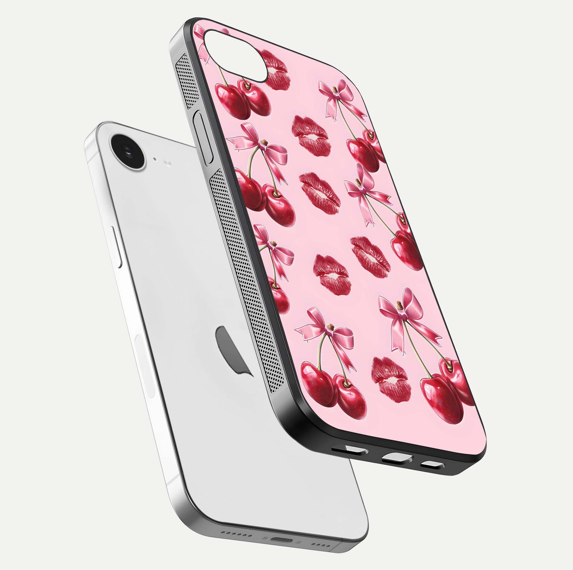 Cherry With Lips Glass Case for iPhone 16e floating mockup showing HD gloss and pop-art inspired tones