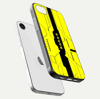 Circuit CYBERPUNK Custom Name Glass Case for iPhone 16e floating mockup capturing glow effects and polished shine