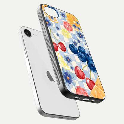 Citrus Bloom Joy Glass Case for iPhone 16e floating mockup showing HD gloss and lively tone