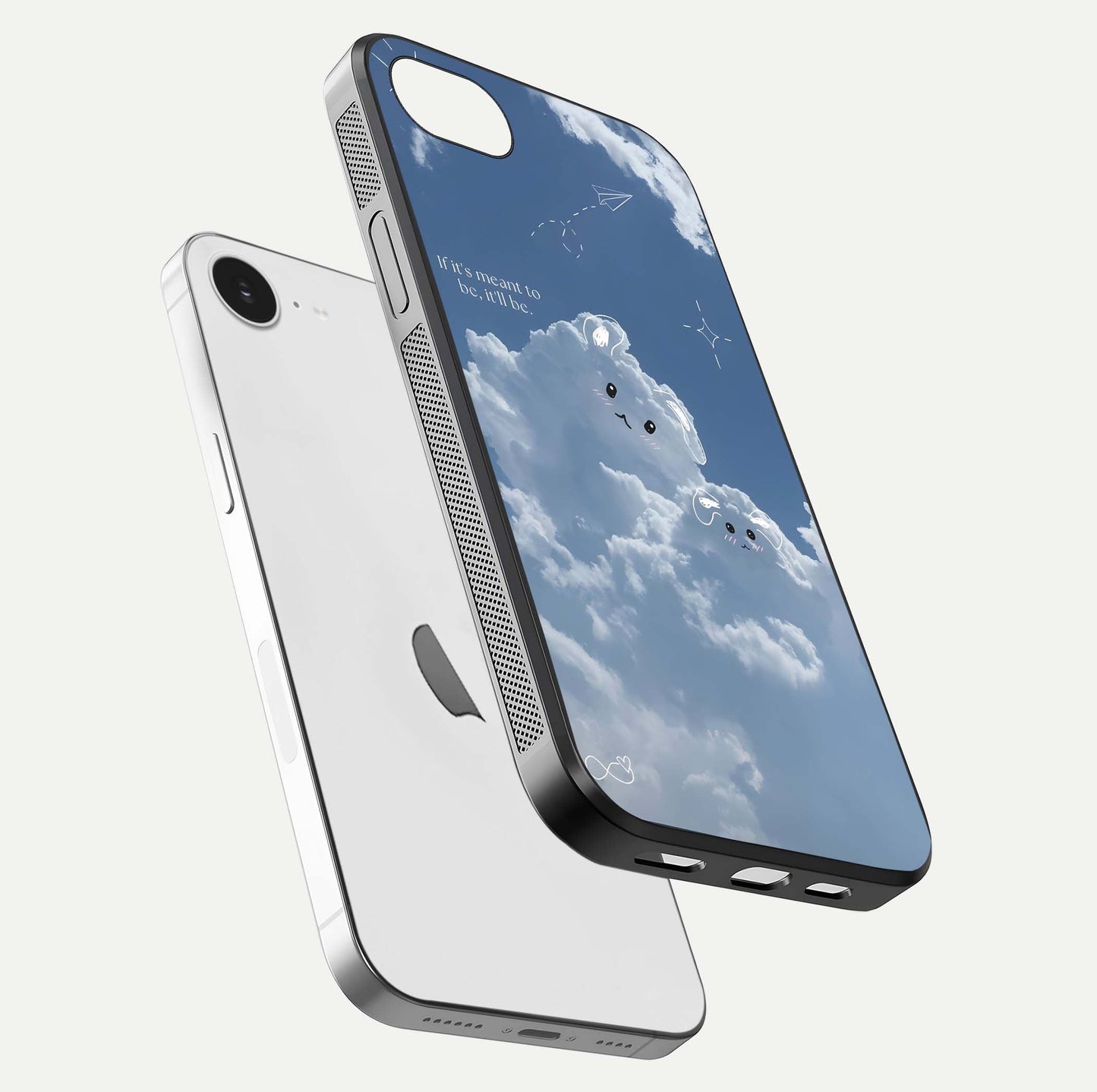 Cloud Bunny Dreams Glass Case for iPhone 16e floating mockup showing soft gradient and gloss reflection