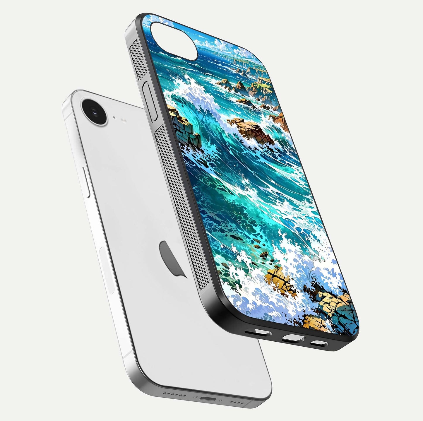 Coastal Blue Waves Glass Case for iPhone 16e floating mockup showing HD reflection and wave details