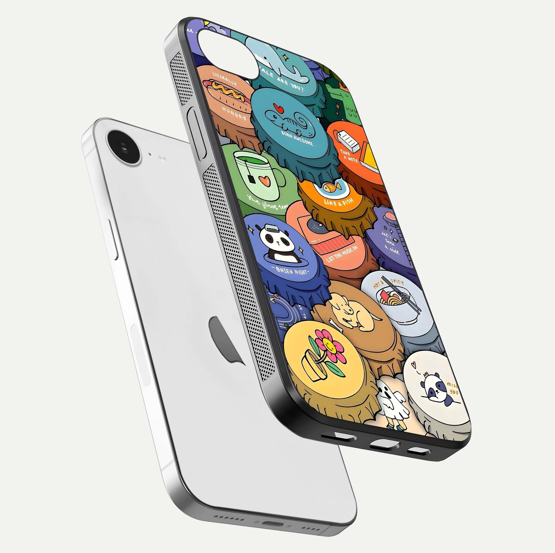Coins Patterns Glass Case for iPhone 16e floating mockup showing reflection depth and smooth tone