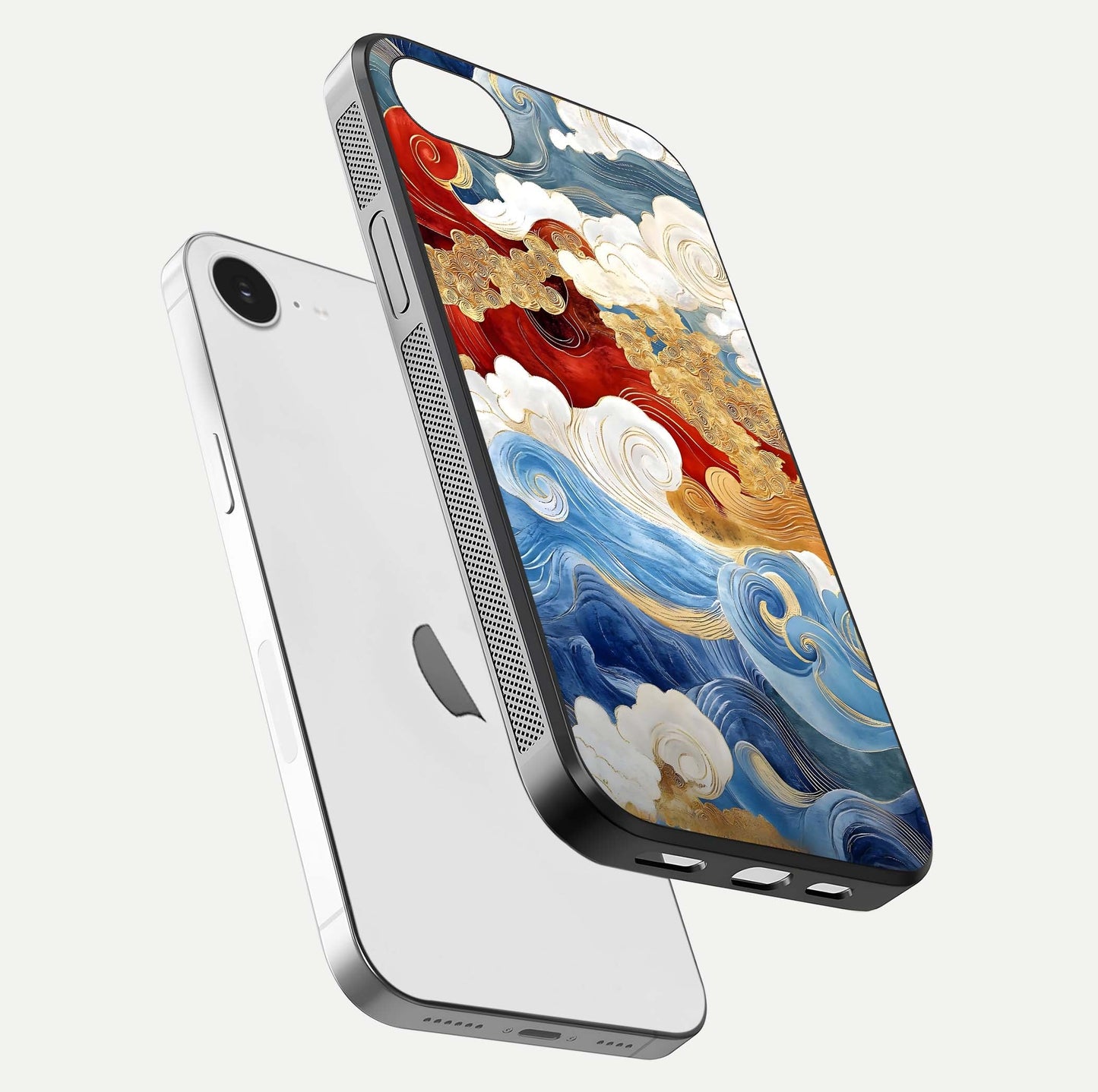 Colored Waves Glass Case for iPhone 16e floating dual-view mockup displaying gloss finish and color contrast