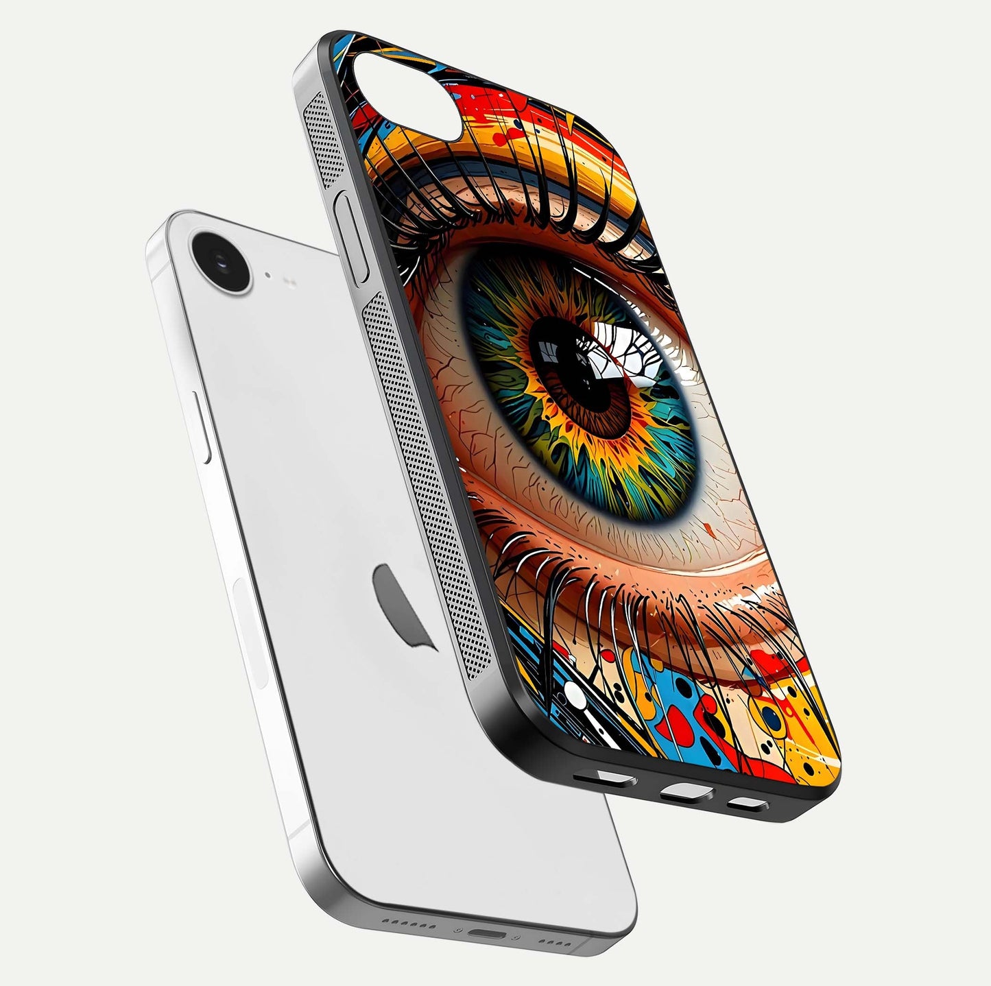 Colorful Eye Glass Case for iPhone 16e floating mockup showing bright contrast and gloss clarity