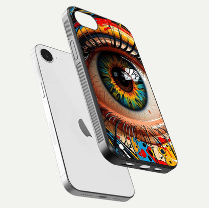 Colorful Eye Glass Case for iPhone 16e floating mockup showing bright contrast and gloss clarity