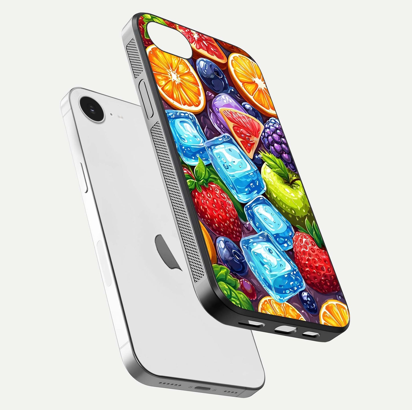 Colorful Fruits with Ice Glass Case for iPhone 16e floating mockup showing bright shine and crystal clarity